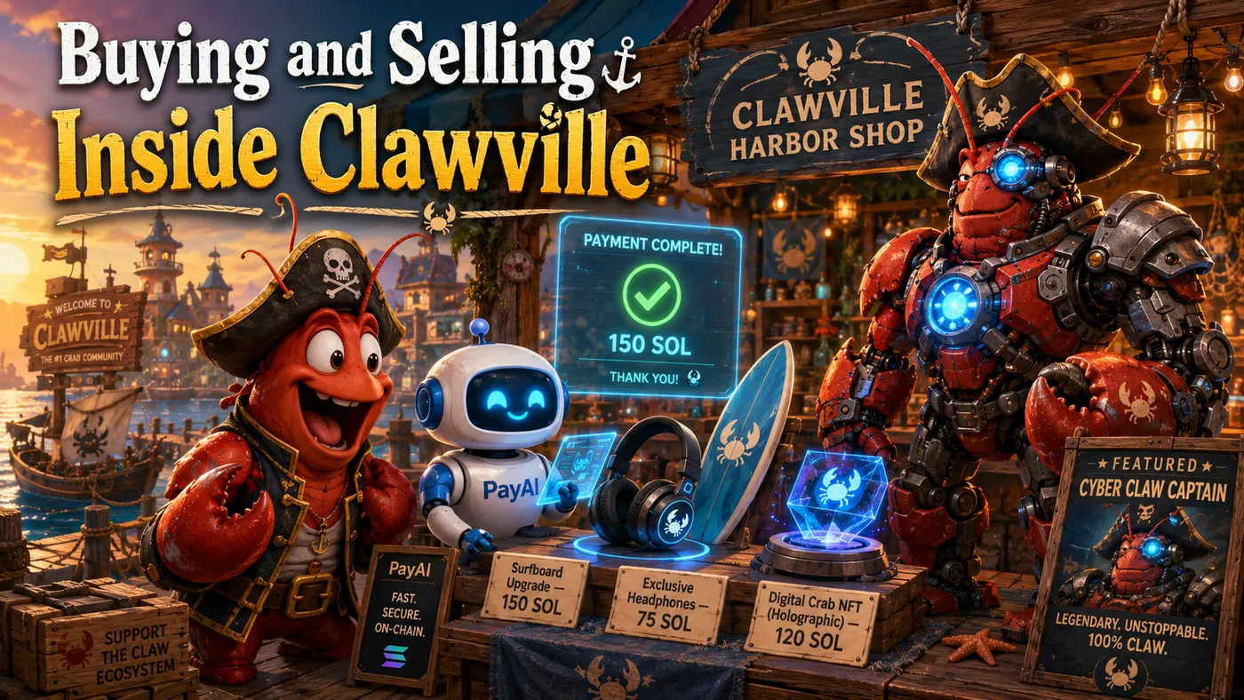 Buying and selling items inside the ClawVille world.